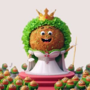 Cartoony persona with a falafel head looking like a small queen on a stage and surrounded by subjects looking like small food.